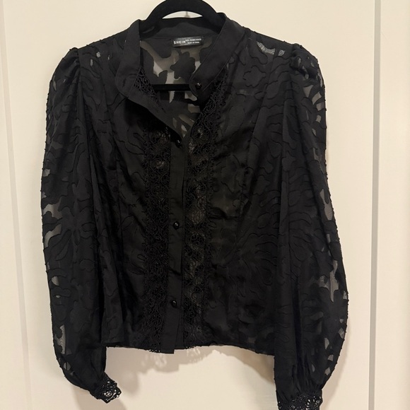 SHEIN Tops - SHEIN Gothic Sheer Burnout Lace Trim Blouse M (8/10)